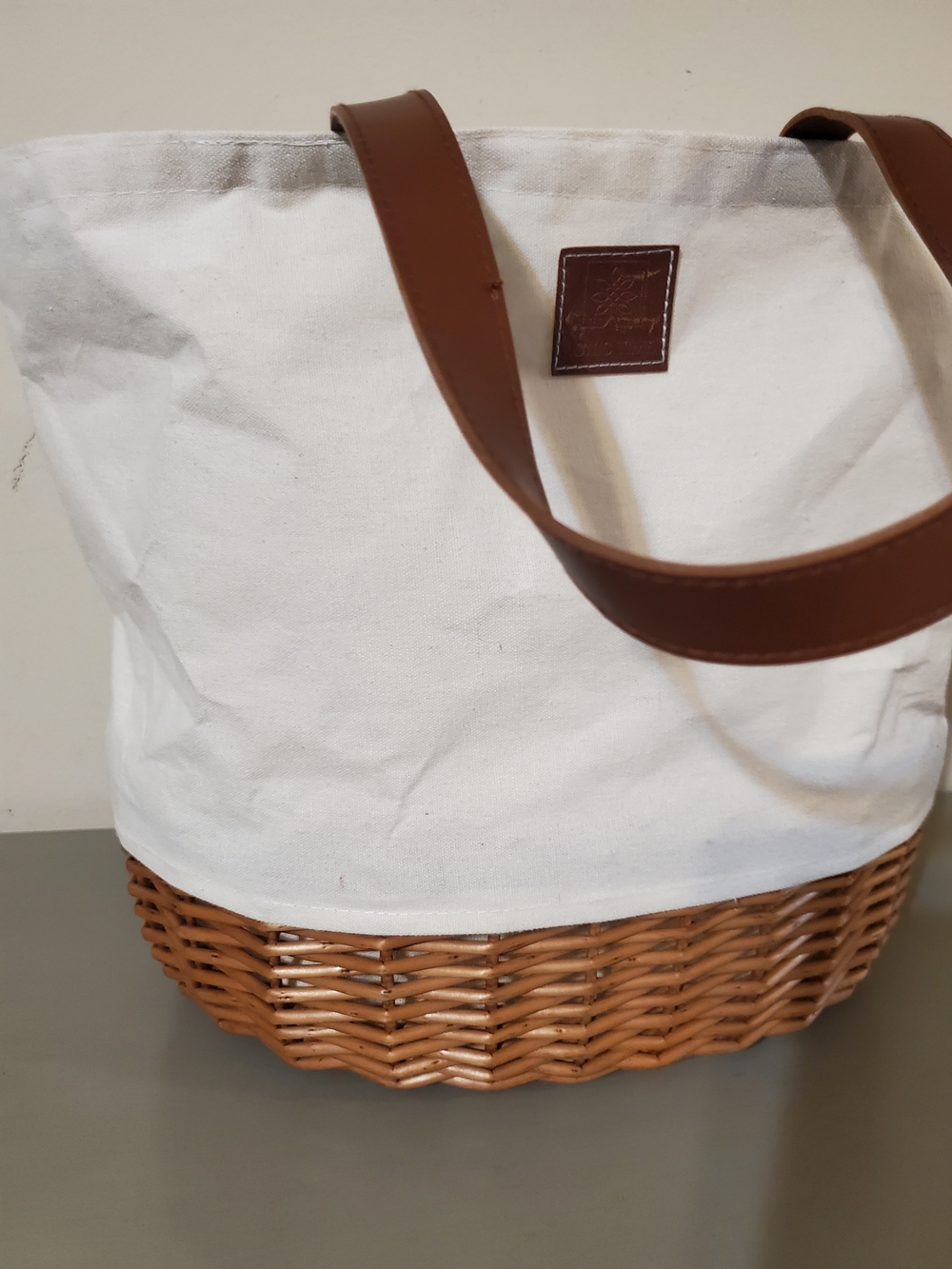 Picnic Time Canvas & Wicker Tote Bag with Brown Leather Handles Picnic Bag